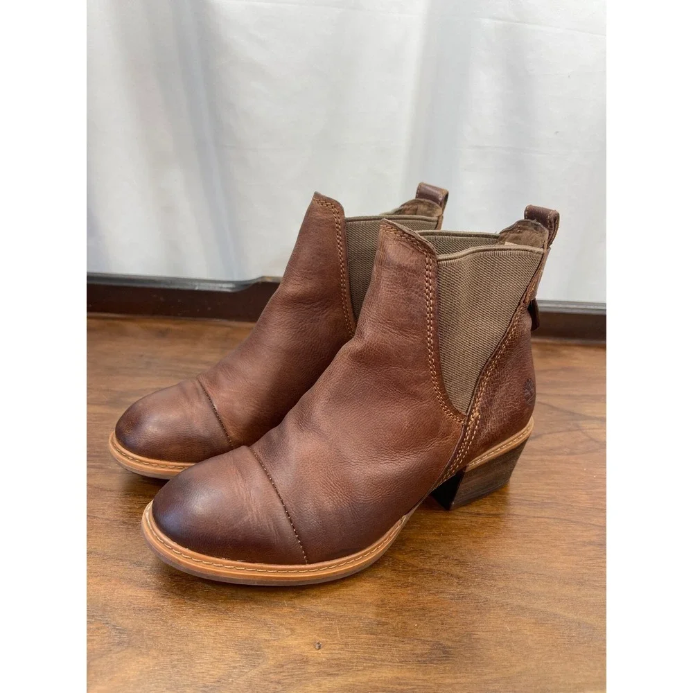TIMBERLAND Sz 5.5 Sutherlin Bay Brown Leather Stretch Chelsea Ankle Boot